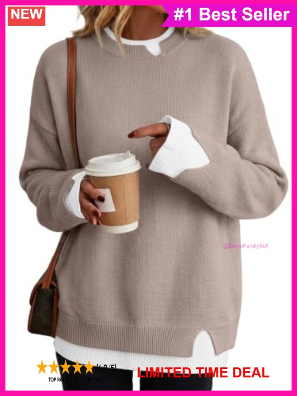 Oversized Patchwork Pullover Sweater Slit Cuffs Crew Neck Ribbed Trim